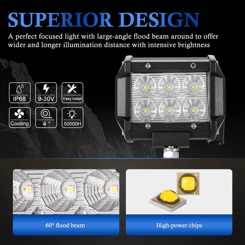 BUNKER INDUST 8Pcs 18W LED Light Pods 4 Inch Flood Beam Cube Work Lights Off Road Driving LED bars for Trucks Tractor UTV ATV Marine Golf Cart - Image 3